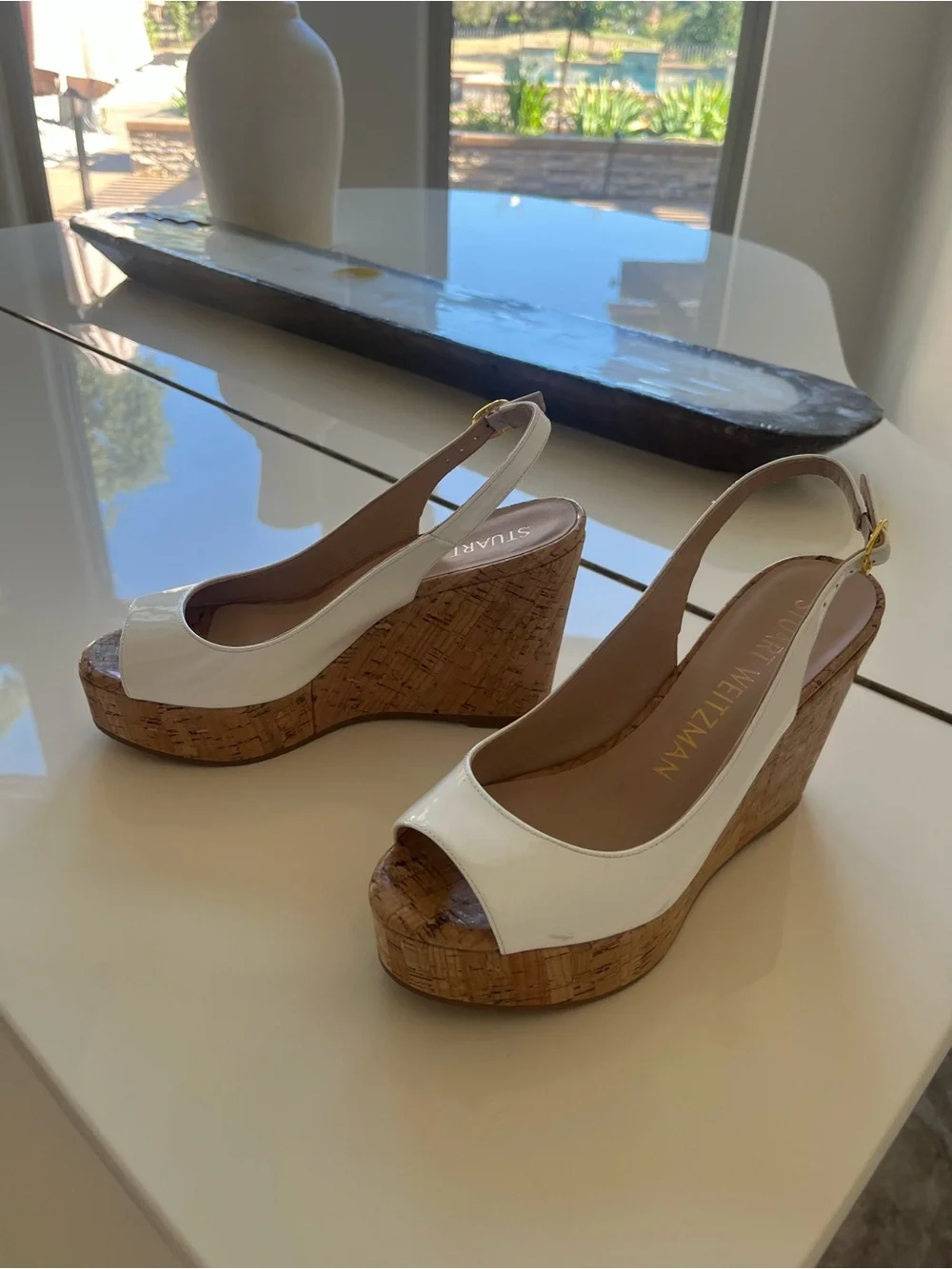Stuart Weitzman White Patent Leather Cork Wedge Slingbacks - Picture 1 of 5